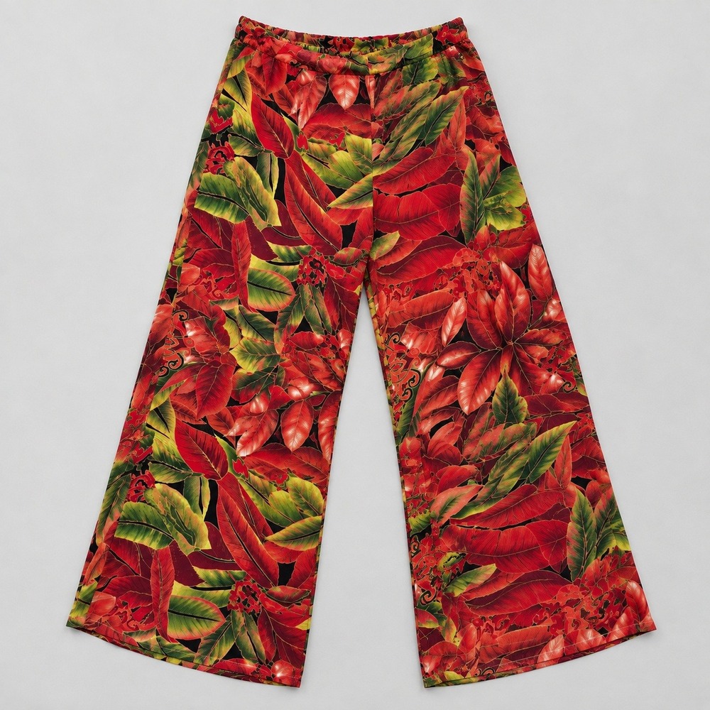 Terracotta Wide Leg Pants Red Green Tropical Leaf Print Flowy Trousers Sz M